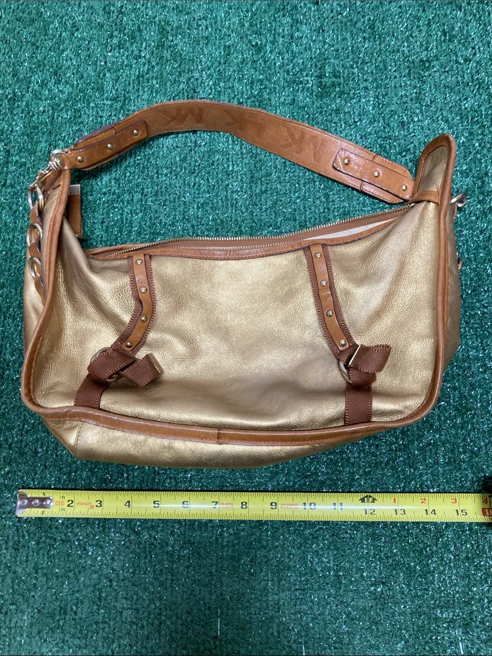 Vintage Michael Kors Metallic Gold Shoulder Bag with Brown Trim (OKPM-09-032)